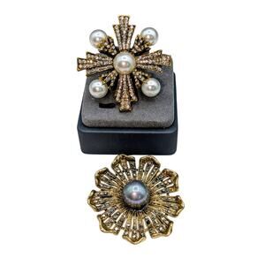 Lot of Two Antiqued Metal Faux Pearl Rhinestone Brooches